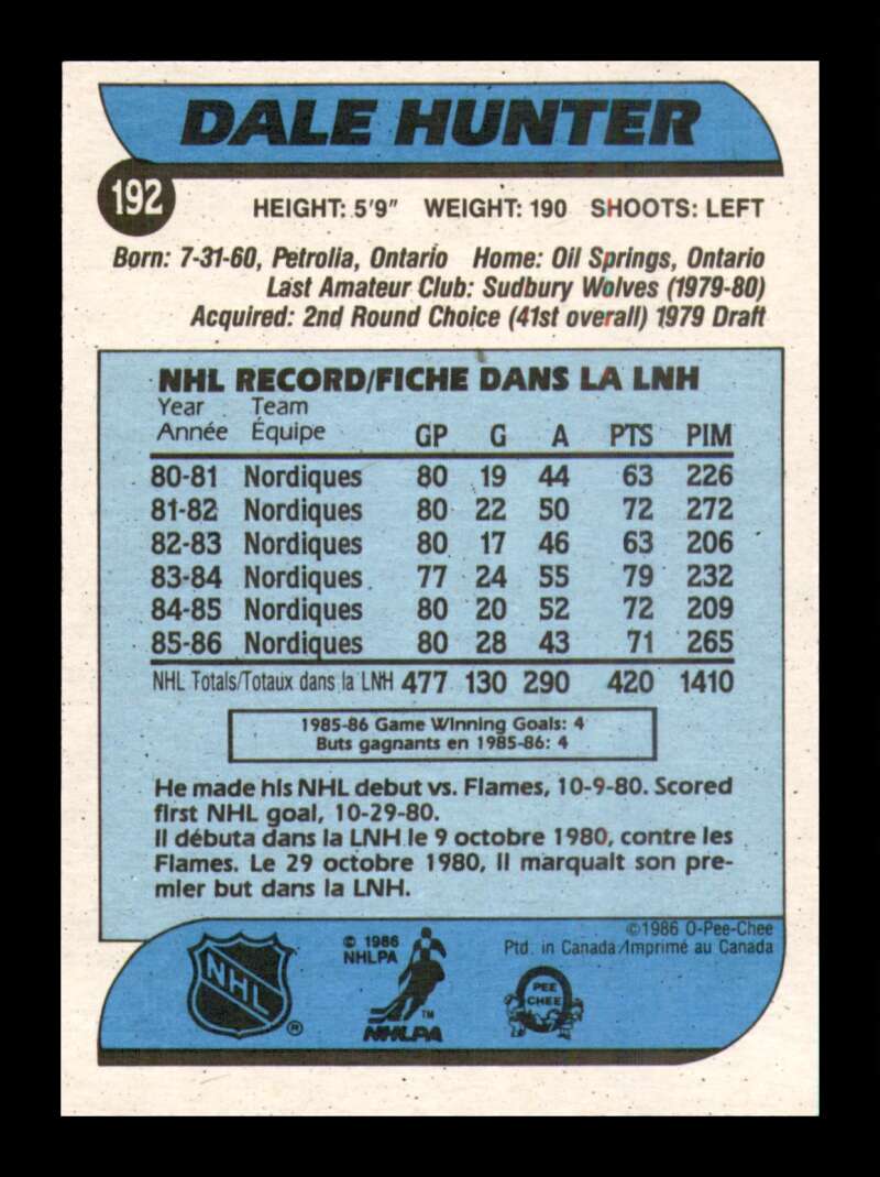 Load image into Gallery viewer, 1986-87 O-Pee-Chee Dale Hunter #192 Quebec Nordiques NM Near Mint Image 2
