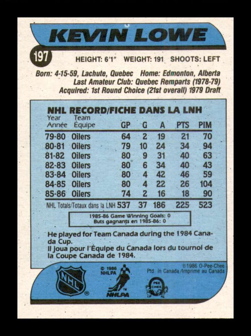 Load image into Gallery viewer, 1986-87 O-Pee-Chee Kevin Lowe #197 Edmonton Oilers NM Near Mint Image 2

