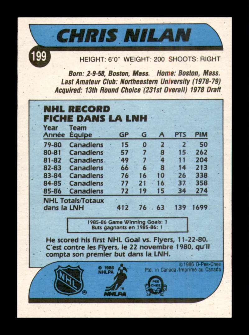 Load image into Gallery viewer, 1986-87 O-Pee-Chee Chris Nilan #199 Montreal Canadiens NM Near Mint Image 2
