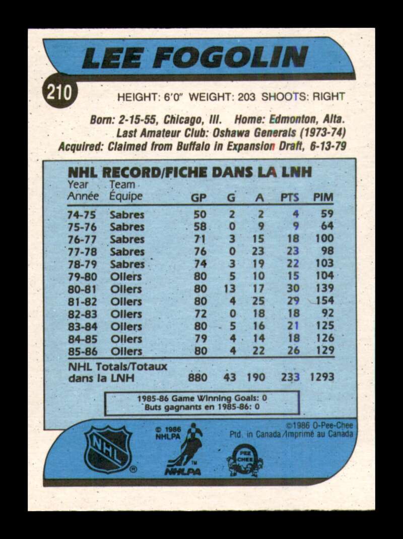 Load image into Gallery viewer, 1986-87 O-Pee-Chee Lee Fogolin #210 Edmonton Oilers NM Near Mint Image 2
