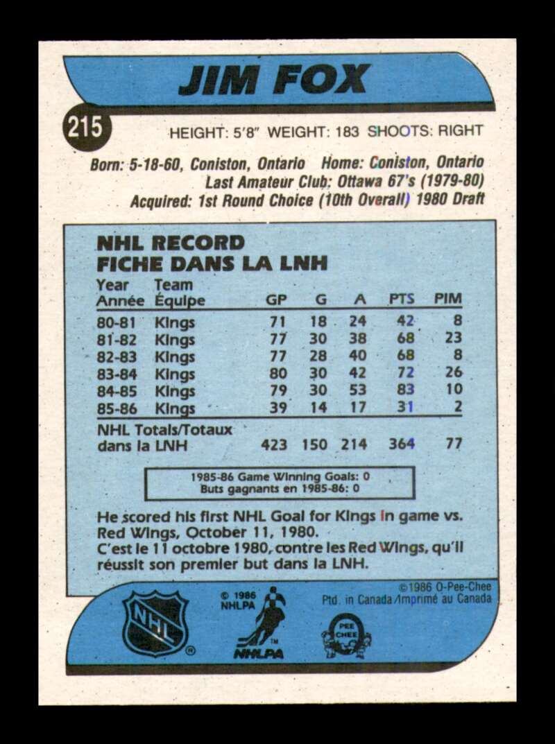 Load image into Gallery viewer, 1986-87 O-Pee-Chee Jim Fox #215 Los Angeles Kings NM Near Mint Image 2
