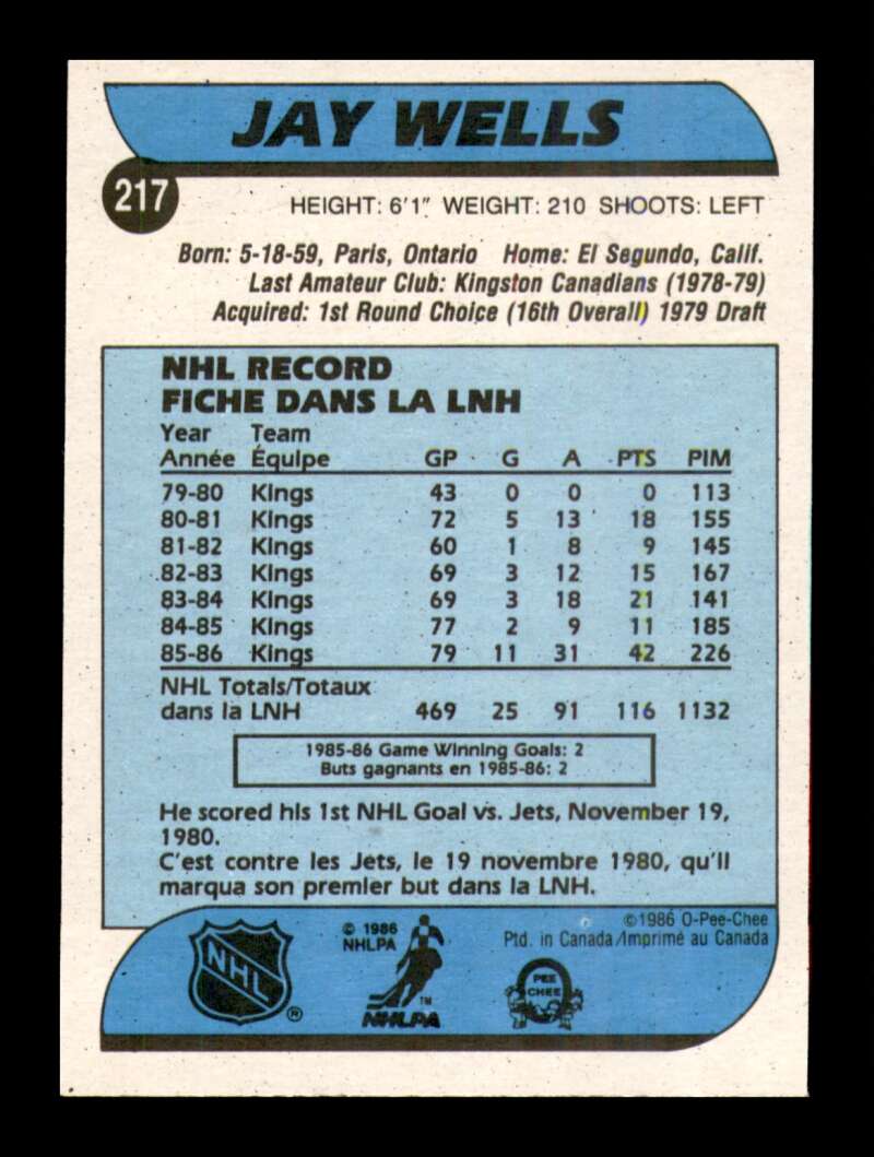 Load image into Gallery viewer, 1986-87 O-Pee-Chee Jay Wells #217 Los Angeles Kings NM Near Mint Image 2
