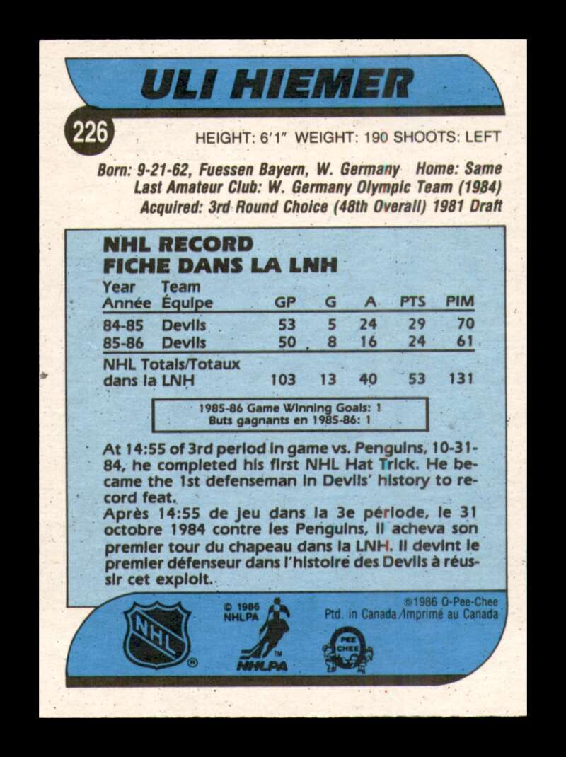 Load image into Gallery viewer, 1986-87 O-Pee-Chee Uli Hiemer #226 New Jersey Devils Rookie RC NM Near Mint Image 2
