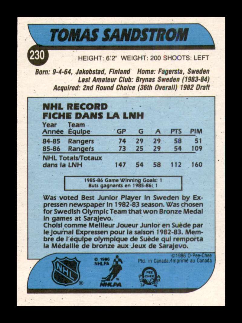 Load image into Gallery viewer, 1986-87 O-Pee-Chee Tomas Sandstrom #230 New York Rangers NM Near Mint Image 2
