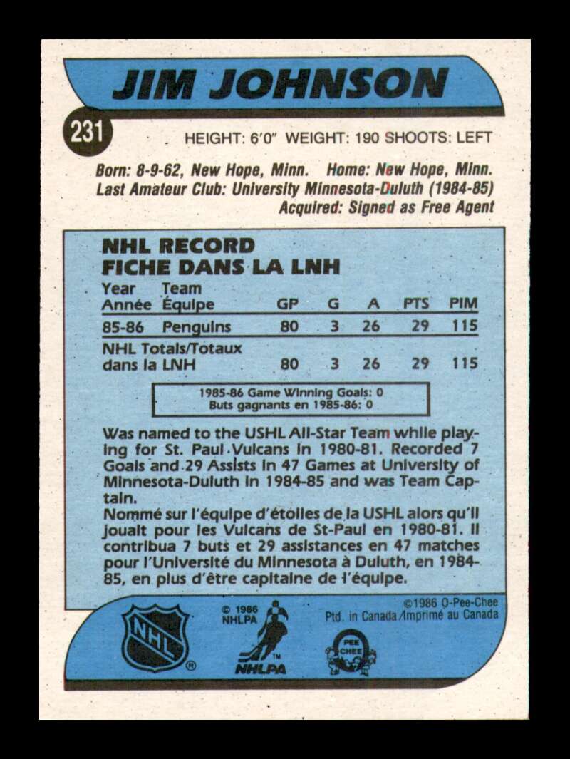 Load image into Gallery viewer, 1986-87 O-Pee-Chee Jim Johnson #231 Pittsburgh Penguins Rookie RC NM Near Mint Image 2
