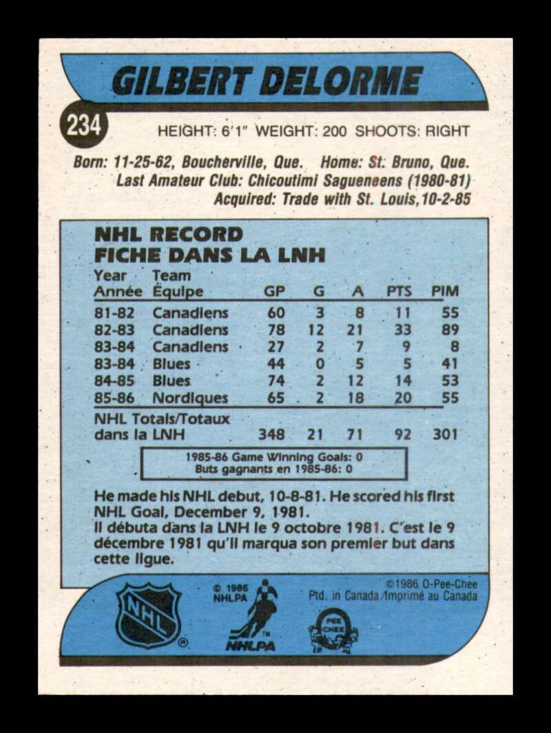 Load image into Gallery viewer, 1986-87 O-Pee-Chee Gilbert Delorme #234 Quebec Nordiques EX-EXMINT Image 2
