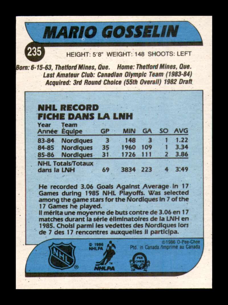 Load image into Gallery viewer, 1986-87 O-Pee-Chee Mario Gosselin #235 Quebec Nordiques NM Near Mint Image 2
