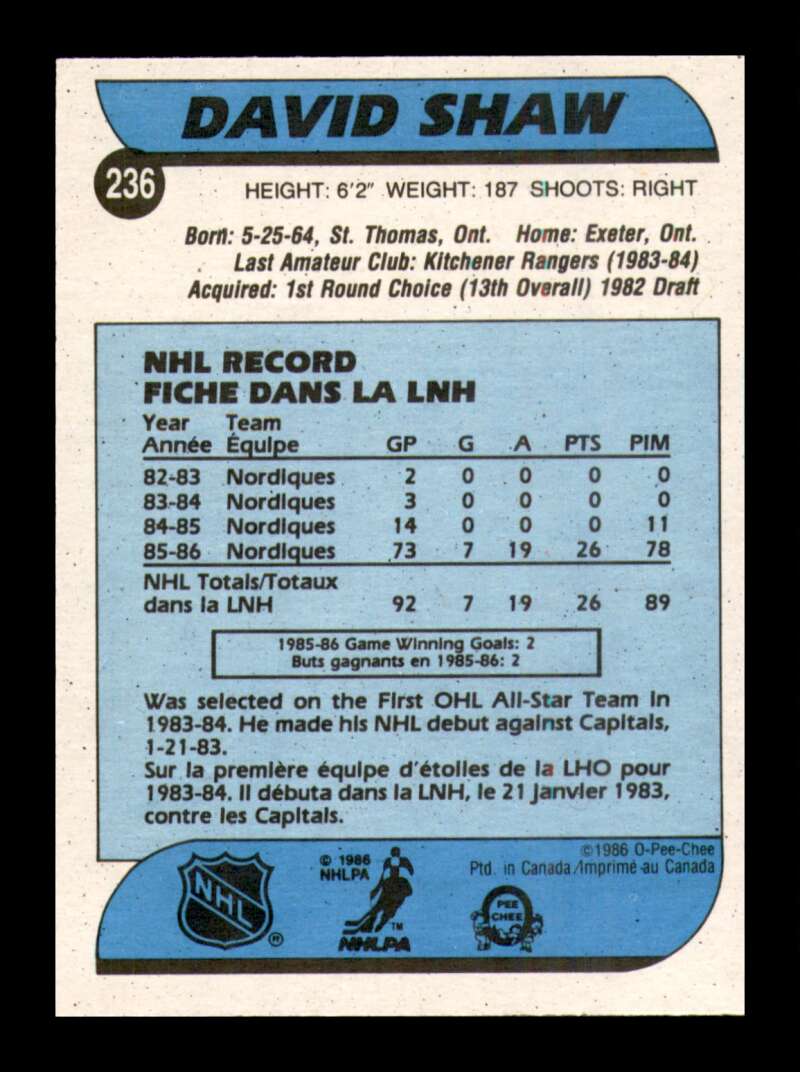 Load image into Gallery viewer, 1986-87 O-Pee-Chee David Shaw #236 Quebec Nordiques Rookie RC NM Near Mint Image 2
