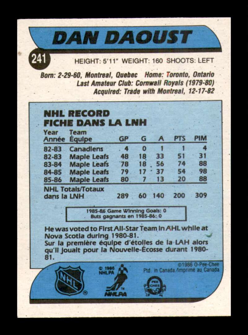 Load image into Gallery viewer, 1986-87 O-Pee-Chee Dan Daoust #241 Toronto Maple Leafs EX-EXMINT Image 2
