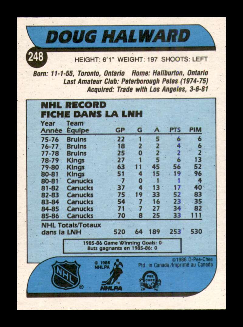 Load image into Gallery viewer, 1986-87 O-Pee-Chee Doug Halward #248 Vancouver Canucks NM Near Mint Image 2
