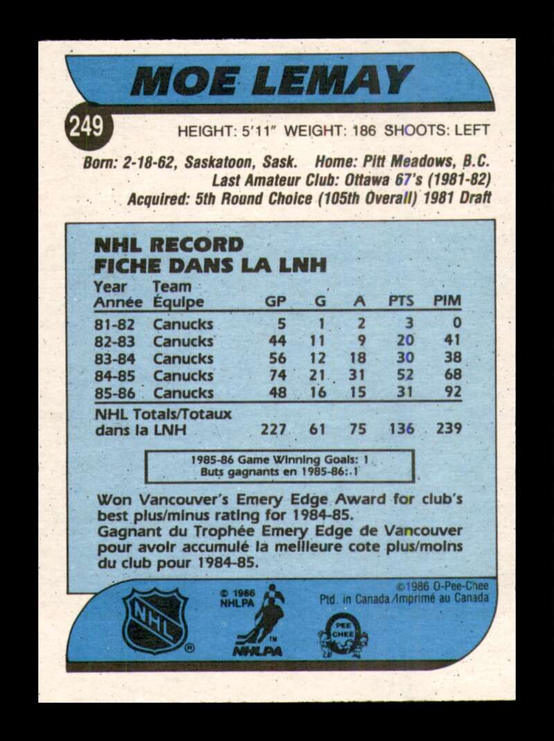 Load image into Gallery viewer, 1986-87 O-Pee-Chee Moe Lemay #249 Vancouver Canucks NM Near Mint Image 2

