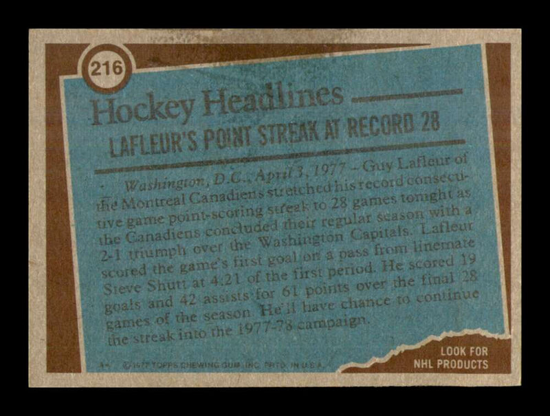 Load image into Gallery viewer, 1977-78 Topps Guy Lafleur #216 Record Breaker Montreal Canadiens EX-EXMINT Image 2

