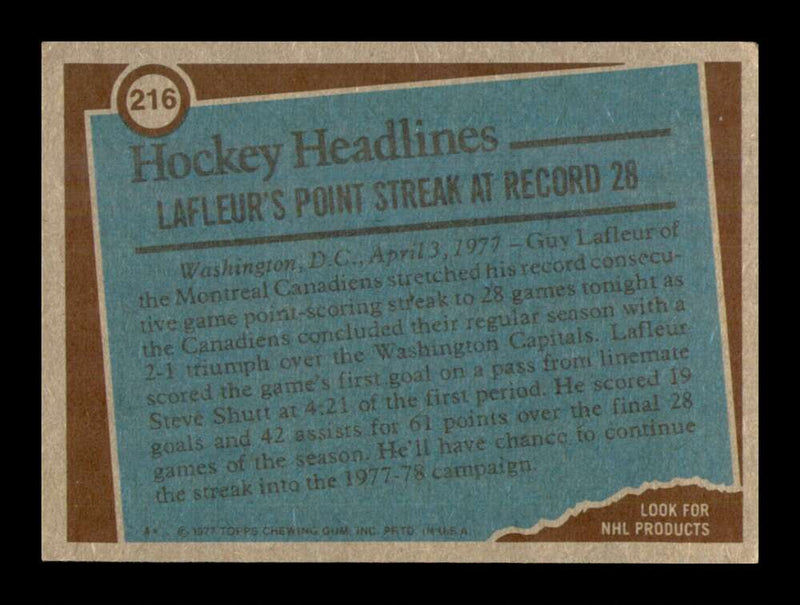 Load image into Gallery viewer, 1977-78 Topps Guy Lafleur #216 Record Breaker Montreal Canadiens EX-EXMINT Image 2
