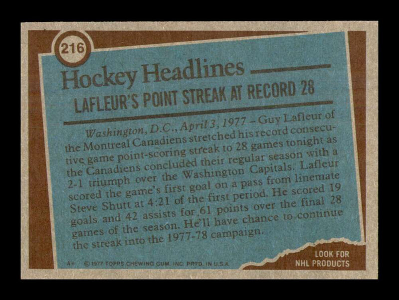Load image into Gallery viewer, 1977-78 Topps Guy Lafleur #216 Record Breaker Montreal Canadiens NM Near Mint Image 2
