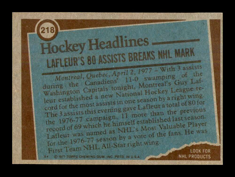 Load image into Gallery viewer, 1977-78 Topps Guy Lafleur #218 Record Breaker Montreal Canadiens NM Near Mint Image 2

