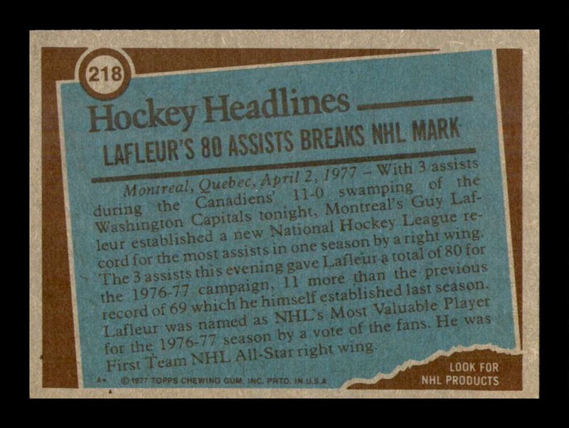 Load image into Gallery viewer, 1977-78 Topps Guy Lafleur #218 Record Breaker Montreal Canadiens NM Near Mint Image 2
