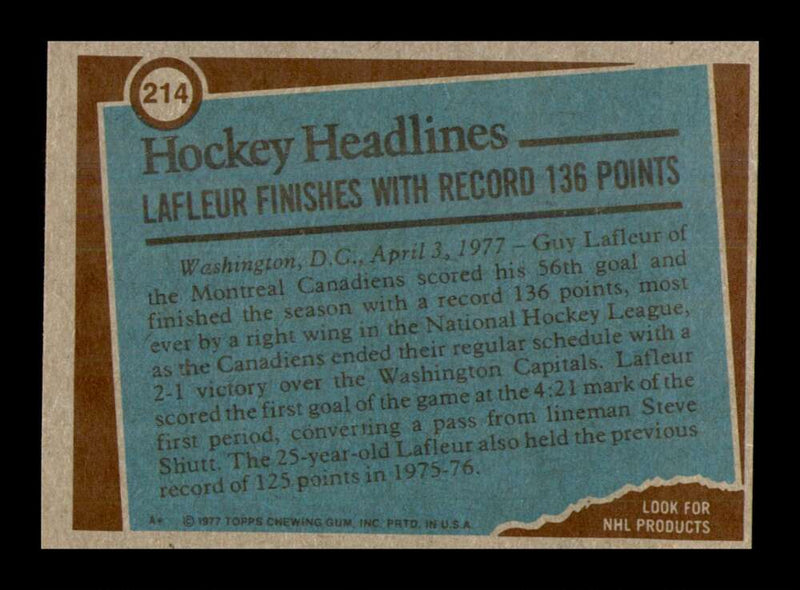 Load image into Gallery viewer, 1977-78 Topps Guy Lafleur #214 Record Breaker Montreal Canadiens NM Near Mint Image 2
