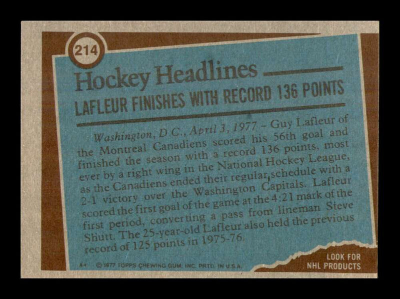 Load image into Gallery viewer, 1977-78 Topps Guy Lafleur #214 Record Breaker Montreal Canadiens EX-EXMINT Image 2
