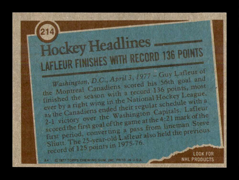 Load image into Gallery viewer, 1977-78 Topps Guy Lafleur #214 Record Breaker Montreal Canadiens EX-EXMINT Image 2
