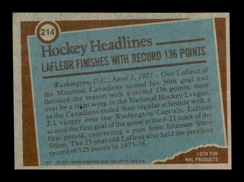 Load image into Gallery viewer, 1977-78 Topps Guy Lafleur #214 Record Breaker Montreal Canadiens VG-VGEX Image 2
