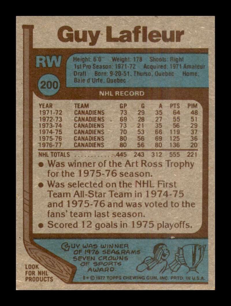 Load image into Gallery viewer, 1977-78 Topps Guy Lafleur #200 Montreal Canadiens All Star EX-EXMINT Image 2
