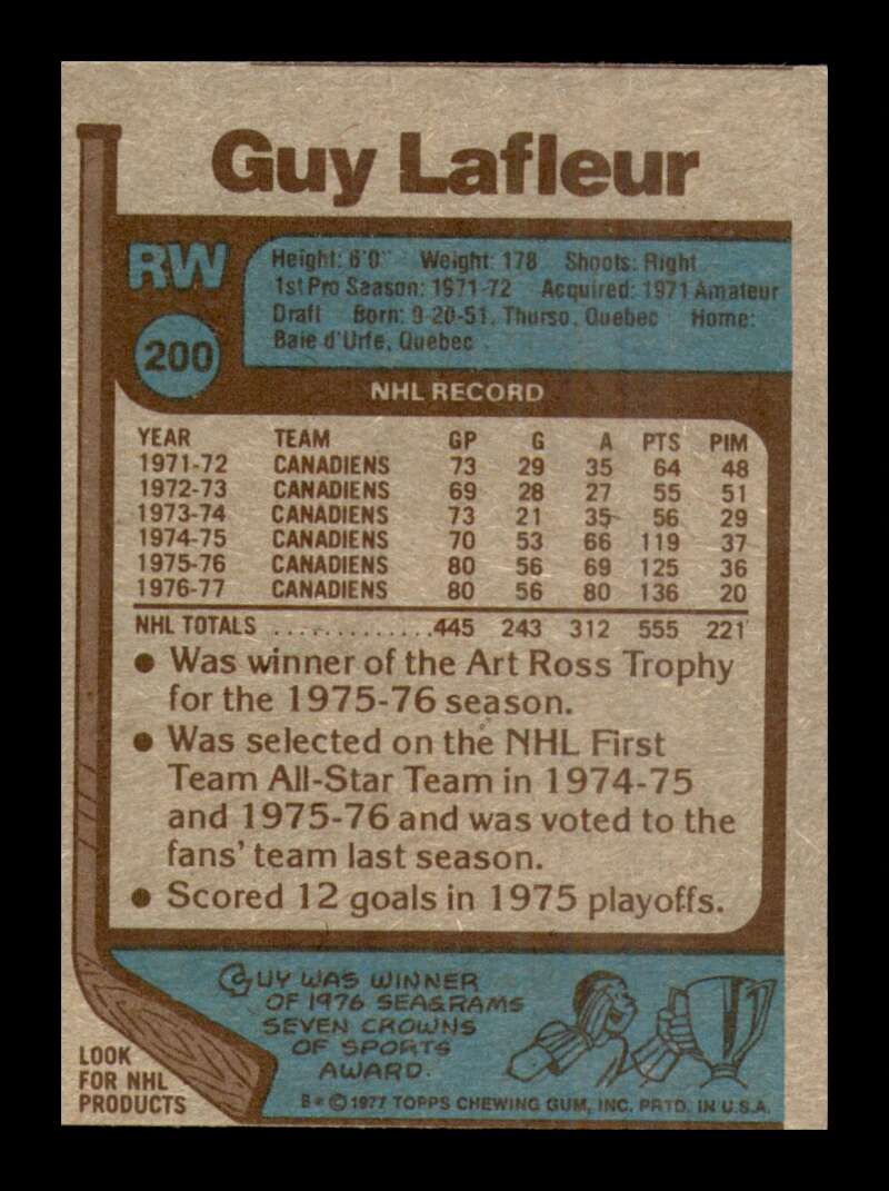 Load image into Gallery viewer, 1977-78 Topps Guy Lafleur #200 Montreal Canadiens All Star NM Near Mint Image 2
