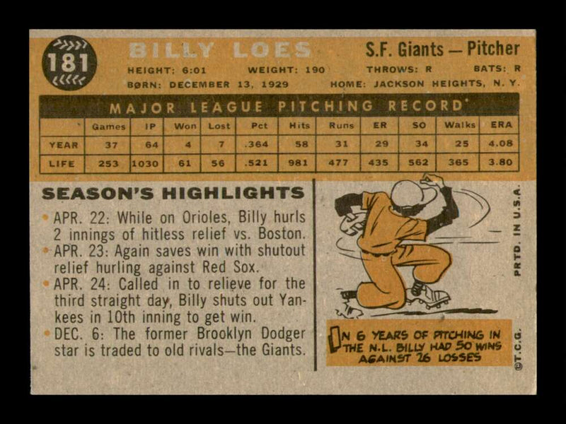 Load image into Gallery viewer, 1960 Topps Billy Loes #181 San Francisco Giants EX-EXMINT Image 2
