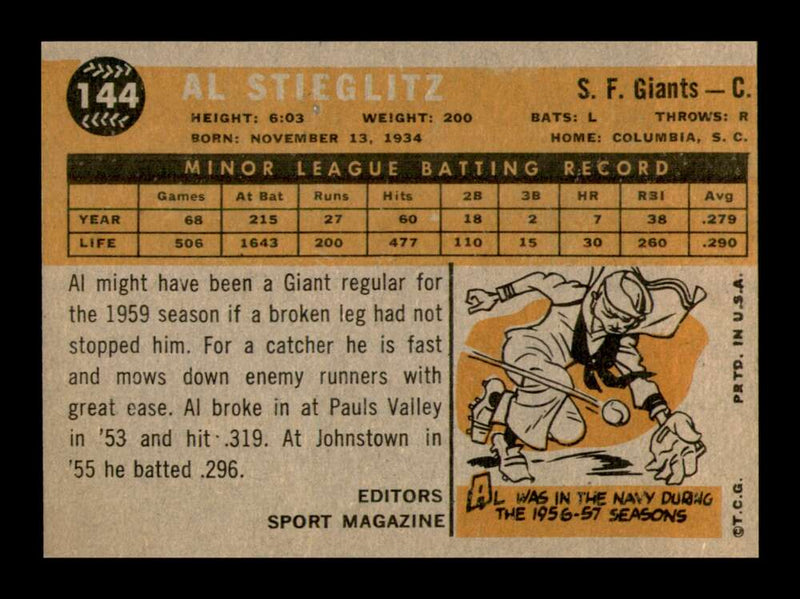 Load image into Gallery viewer, 1960 Topps Al Stieglitz #144 San Francisco Giants Rookie RC NM Near Mint Image 2
