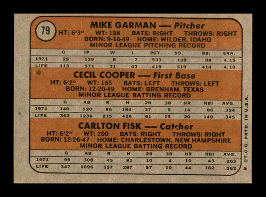 1972 Topps Mike Garman Cecil Cooper Carlton Fisk 