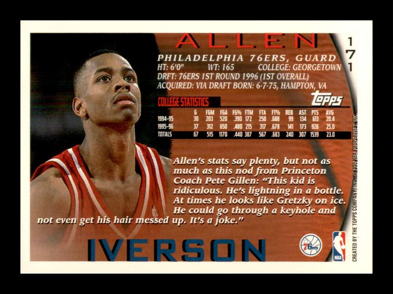 Load image into Gallery viewer, 1996-97 Topps Allen Iverson #171 Philadelphia 76ers Rookie RC  Image 2
