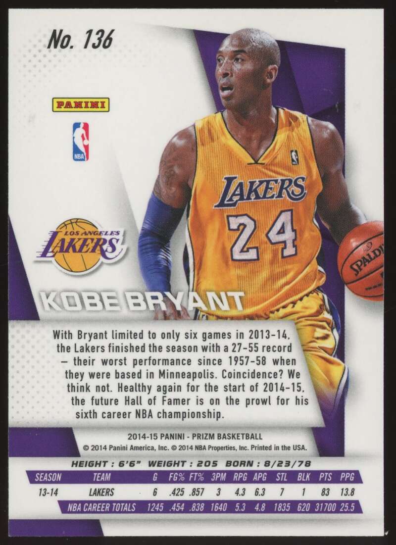 Load image into Gallery viewer, 2014-15 Panini Prizm Kobe Bryant #136 Los Angeles Lakers NM Near Mint Image 2

