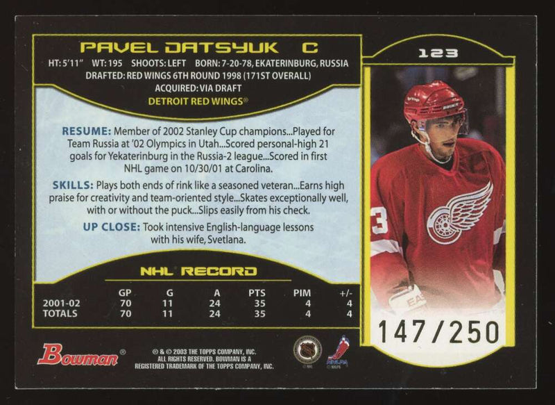 Load image into Gallery viewer, 2002-03 Bowman YoungStars Gold Pavel Datsyuk #123 Detroit Red Wings SP /250  Image 2
