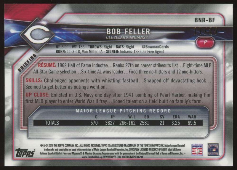 Load image into Gallery viewer, 2018 Bowman Chrome National Orange Prism Refractor Bob Feller #BNR-BF Cleveland Indians /25 Image 2
