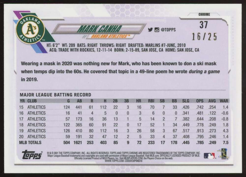 Load image into Gallery viewer, 2021 Topps Chrome Orange Refractor Mark Canha #37 Oakland Athletics /25  Image 2

