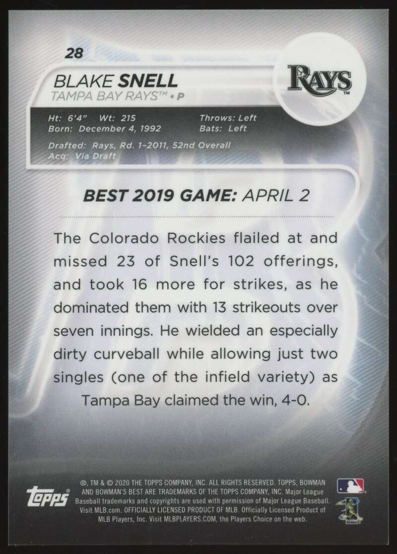 Load image into Gallery viewer, 2020 Bowman&#39;s Best Orange Refractor Blake Snell #28 Tampa Bay Rays /25  Image 2
