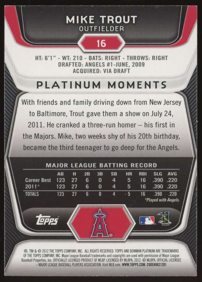 Load image into Gallery viewer, 2012 Bowman Platinum Mike Trout #16 2nd Year Los Angeles Angels  Image 2
