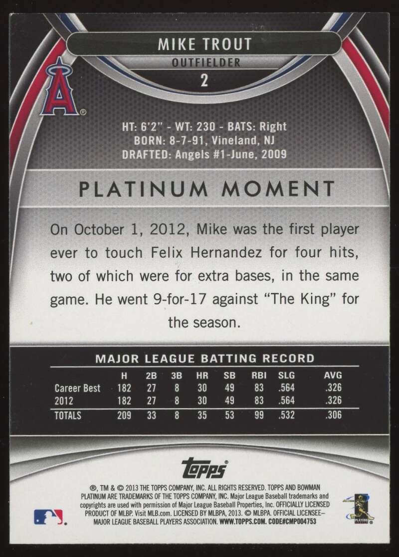 Load image into Gallery viewer, 2013 Bowman Platinum Blue Sapphire Mike Trout #2 Los Angeles Angels  Image 2
