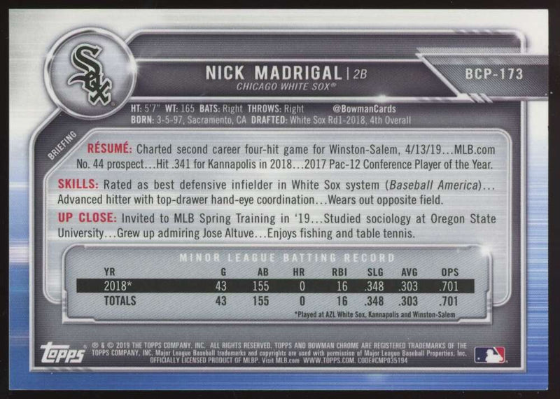 Load image into Gallery viewer, 2019 Bowman Chrome Orange Shimmer Refractor Nick Madrigal #BCP-173 Chicago White Sox Rookie RC /25  Image 2
