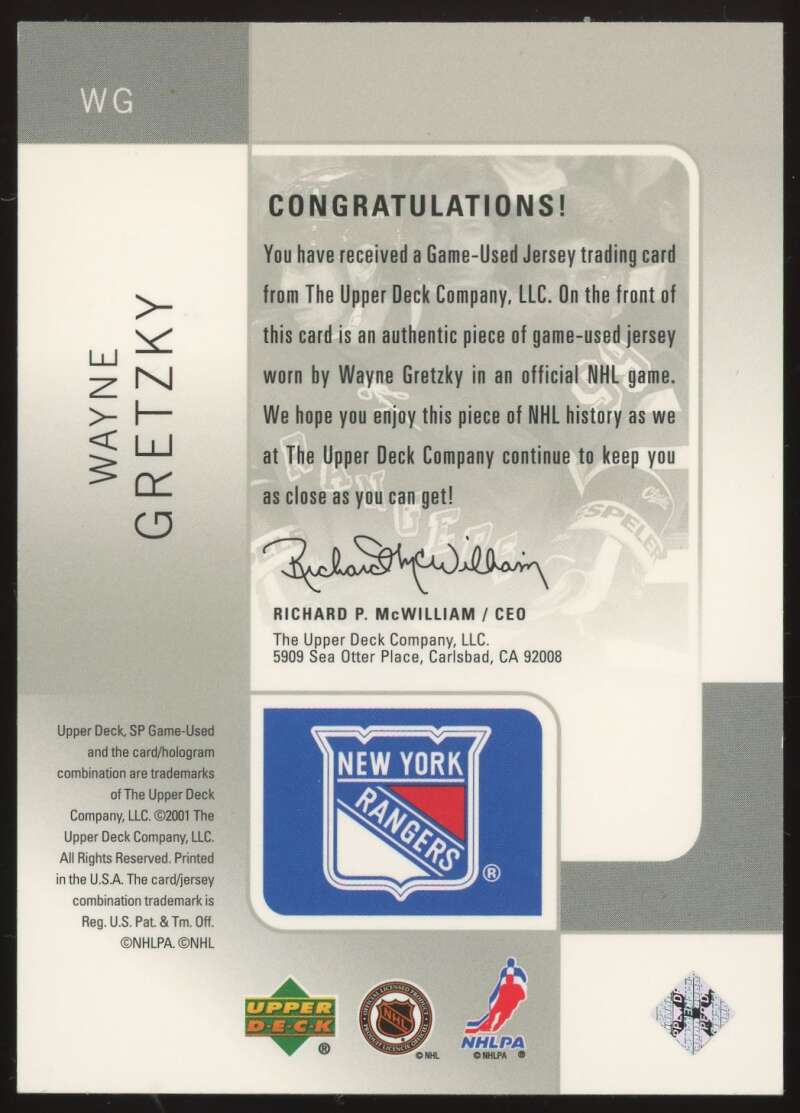 Load image into Gallery viewer, 2000-01 Upper Deck SP Game Used Tools of the Game Wayne Gretzky #WG New York Rangers Patch Relic  Image 2
