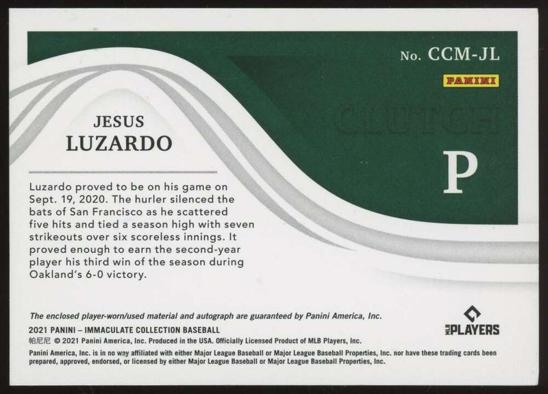 Load image into Gallery viewer, 2021 Panini Immaculate Clutch Patch Auto Gold Jesus Luzardo #CCM-JL Oakland Athletics /10  Image 2
