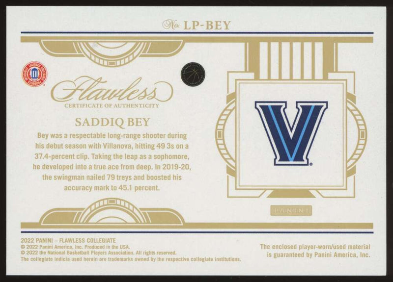 Load image into Gallery viewer, 2022-23 Panini Flawless Collegiate Legacy Patches Gold Saddiq Bey #LP-BEY Villanova Relic /10  Image 2
