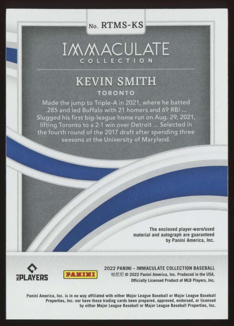 Load image into Gallery viewer, 2022 Panini Immaculate Rookie Triple Patch Auto Holo Silver Kevin Smith #RTMS-KS Toronto Blue Jays RC RPA /25  Image 2
