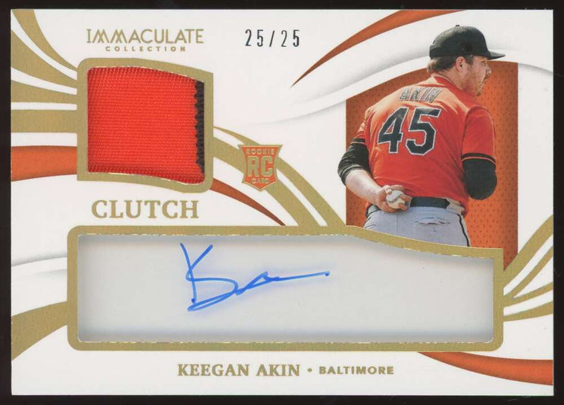 Load image into Gallery viewer, 2021 Panini Immaculate Clutch Rookie Patch Auto Gold Keegan Akin #CCR-KA Baltimore Orioles RC RPA /25  Image 1
