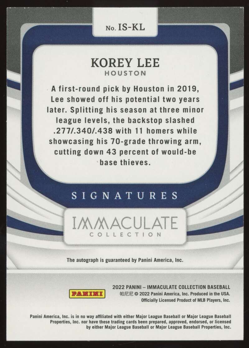 Load image into Gallery viewer, 2022 Panini Immaculate Blue Auto Korey Lee #IS-KL Houston Astros Autograph /10  Image 2
