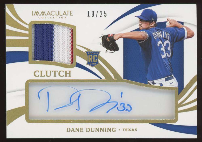 Load image into Gallery viewer, 2021 Panini Immaculate Clutch Rookie Patch Auto Gold Dane Dunning #CCR-DD Texas Rangers RC RPA /25  Image 1

