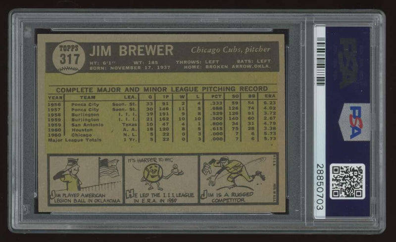 Load image into Gallery viewer, 1961 Topps Jim Brewer #317 Chicago Cubs Rookie RC PSA 8 Image 2
