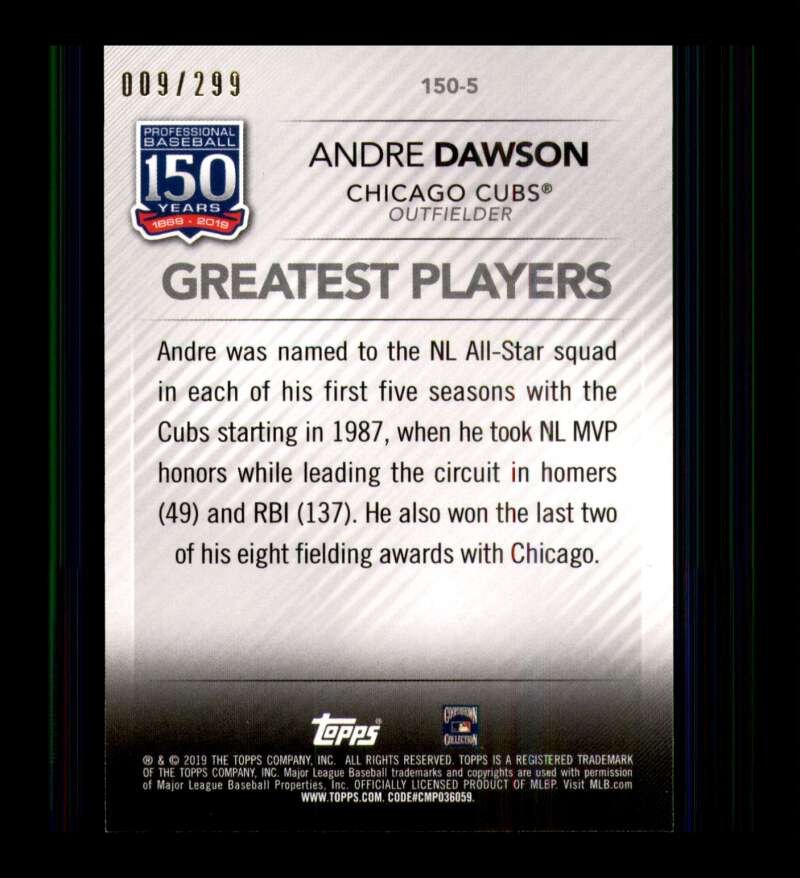 Load image into Gallery viewer, 2019 Topps Update 150 Years Black Andre Dawson #150-5 Chicago Cubs /299  Image 2

