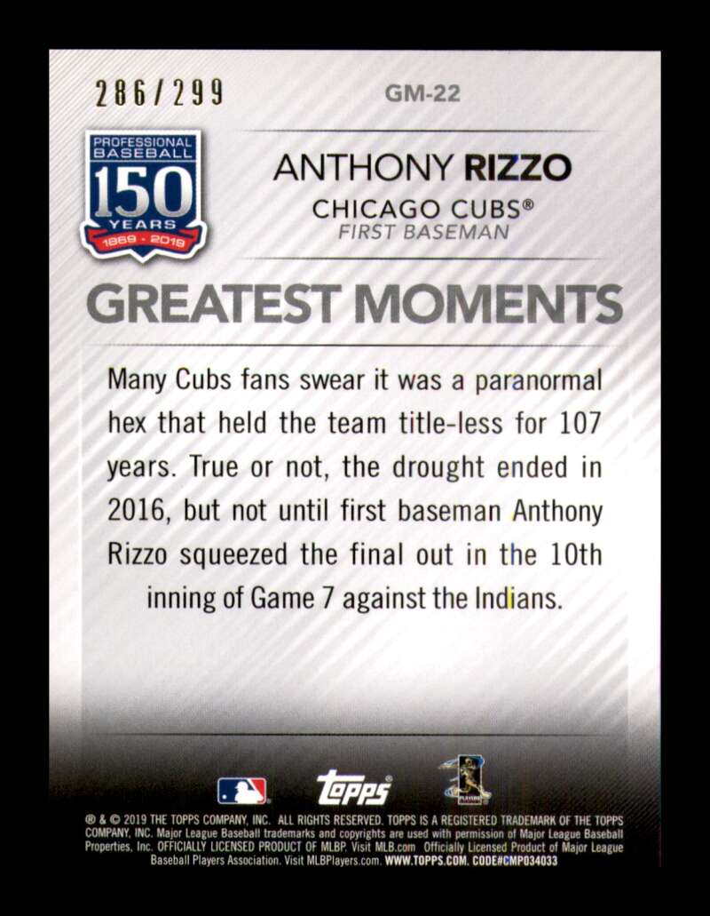 Load image into Gallery viewer, 2019 Topps 150 Years Black Anthony Rizzo #GM-22 Chicago Cubs /299  Image 2
