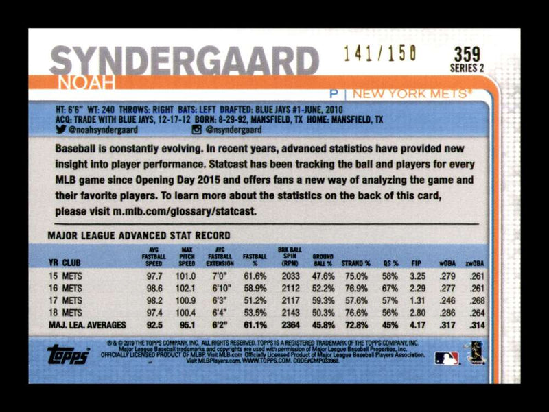 Load image into Gallery viewer, 2019 Topps Advanced Stat Noah Syndergaard #359 New York Mets  Image 2
