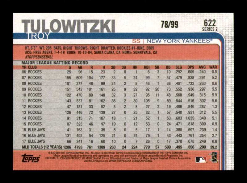 Load image into Gallery viewer, 2019 Topps Vintage Stock Troy Tulowitzki #622 New York Yankees /99  Image 2

